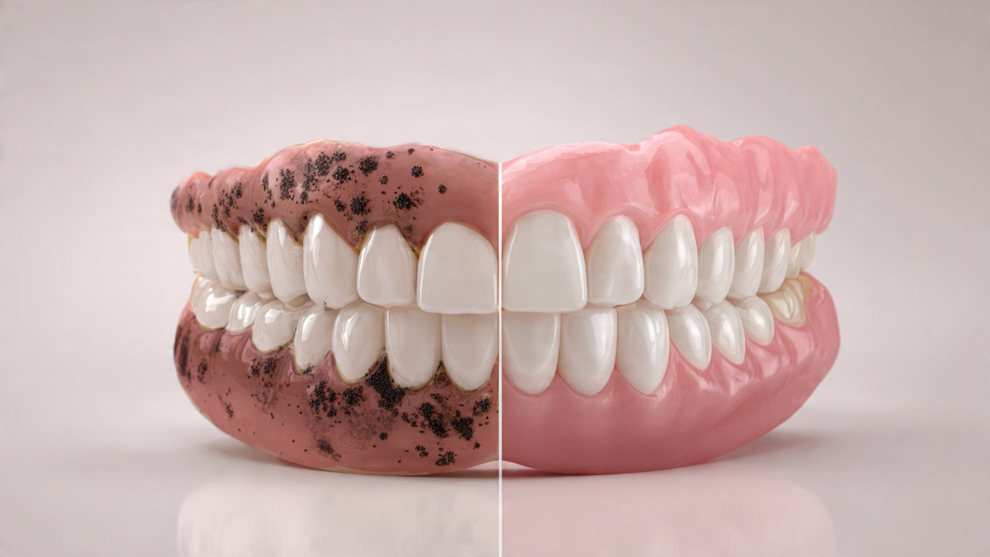 Comparativa de encías con melanosis y encías sanas tras tratamiento láser.