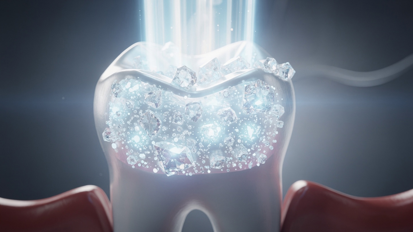 Infografía científica del proceso de remineralización y regeneración del esmalte dental mediante biohacking.
