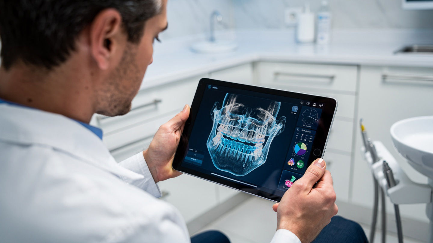 Odontólogo de Clínica Orion Dental analizando un diagnóstico digital y escaneo dental en 3D con un paciente
