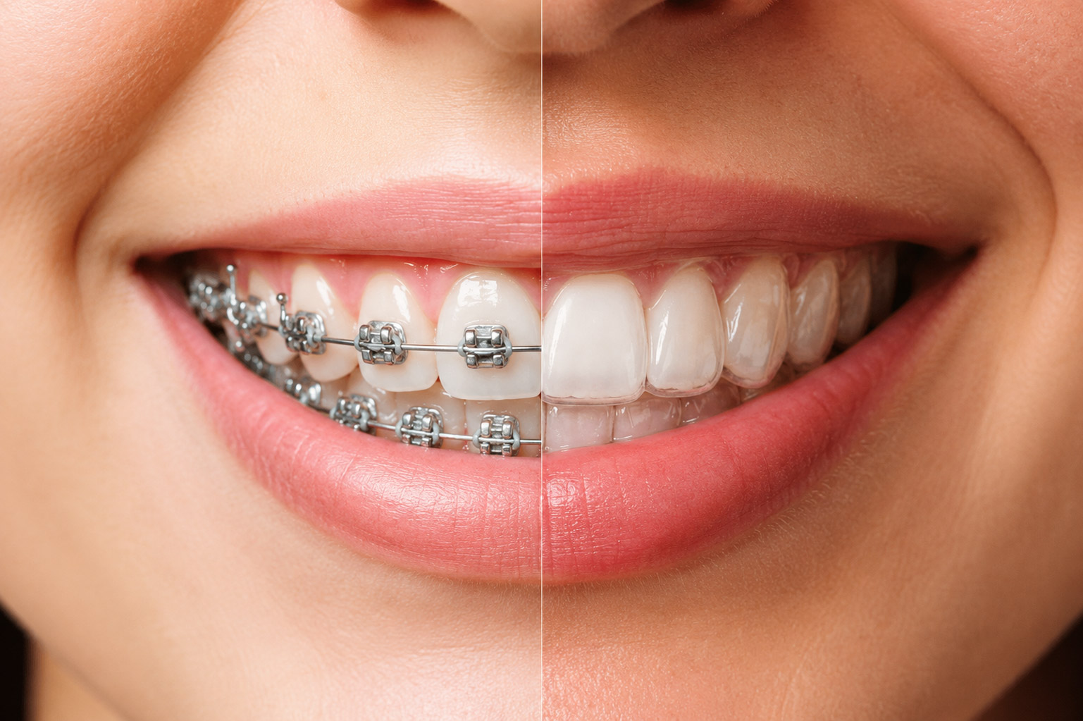 Comparativa visual entre brackets tradicionales y alineadores transparentes de ortodoncia.