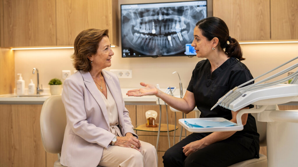 Paciente recibiendo explicación de implantes dentales en Paseo de Extremadura en la clínica Orión Dental.