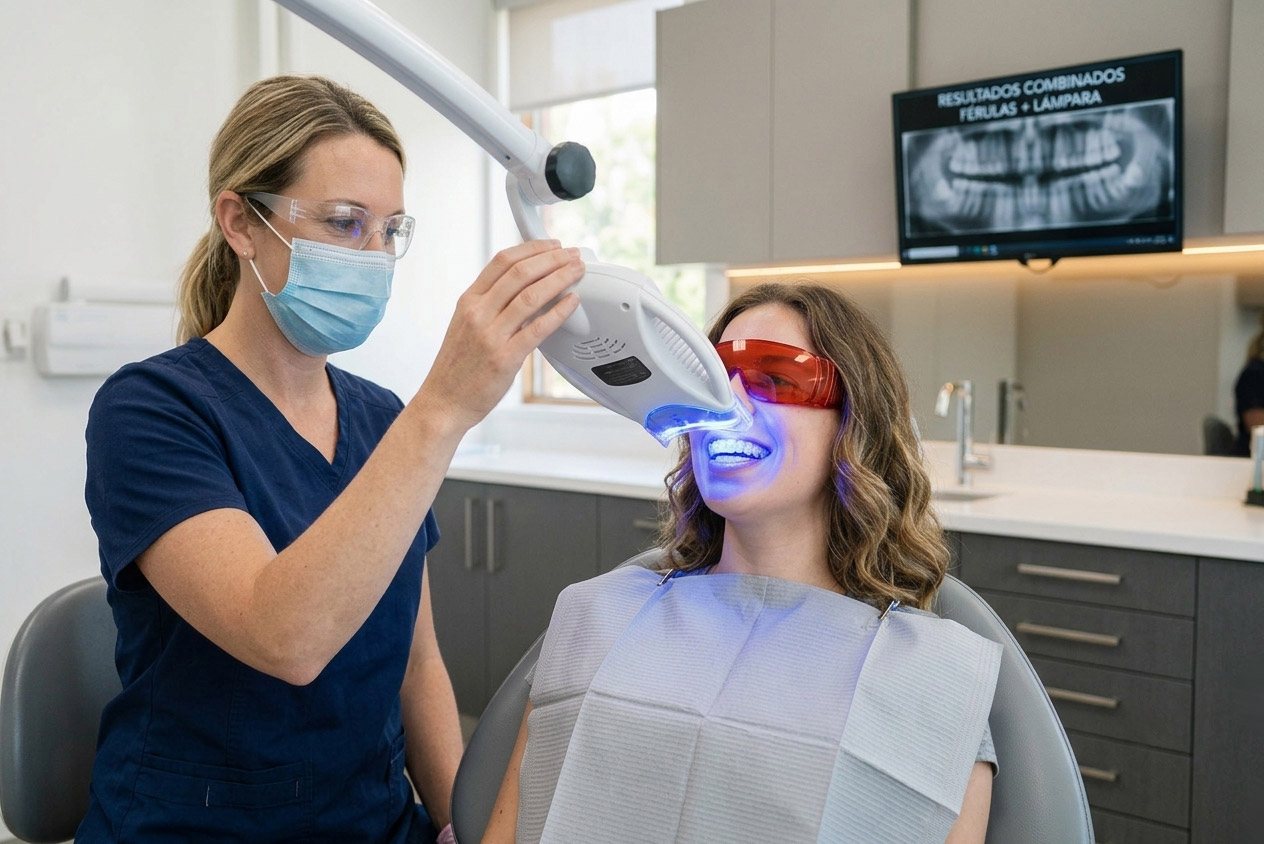 Dentista realizando un tratamiento de blanqueamiento dental con lámpara LED a una paciente con gafas protectoras en Orion Dental.