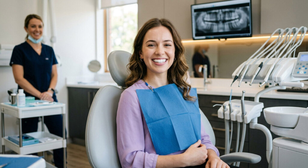 Paciente joven sonriendo con dientes blancos en la clínica Orion Dental de Madrid