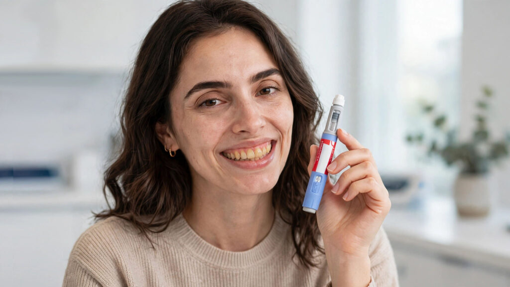 Mujer joven con inyección tipo Ozempic sonriendo mostrando dientes