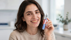boca-ozempic-mounjaro-dientes Mujer joven con inyección tipo Ozempic sonriendo mostrando dientes