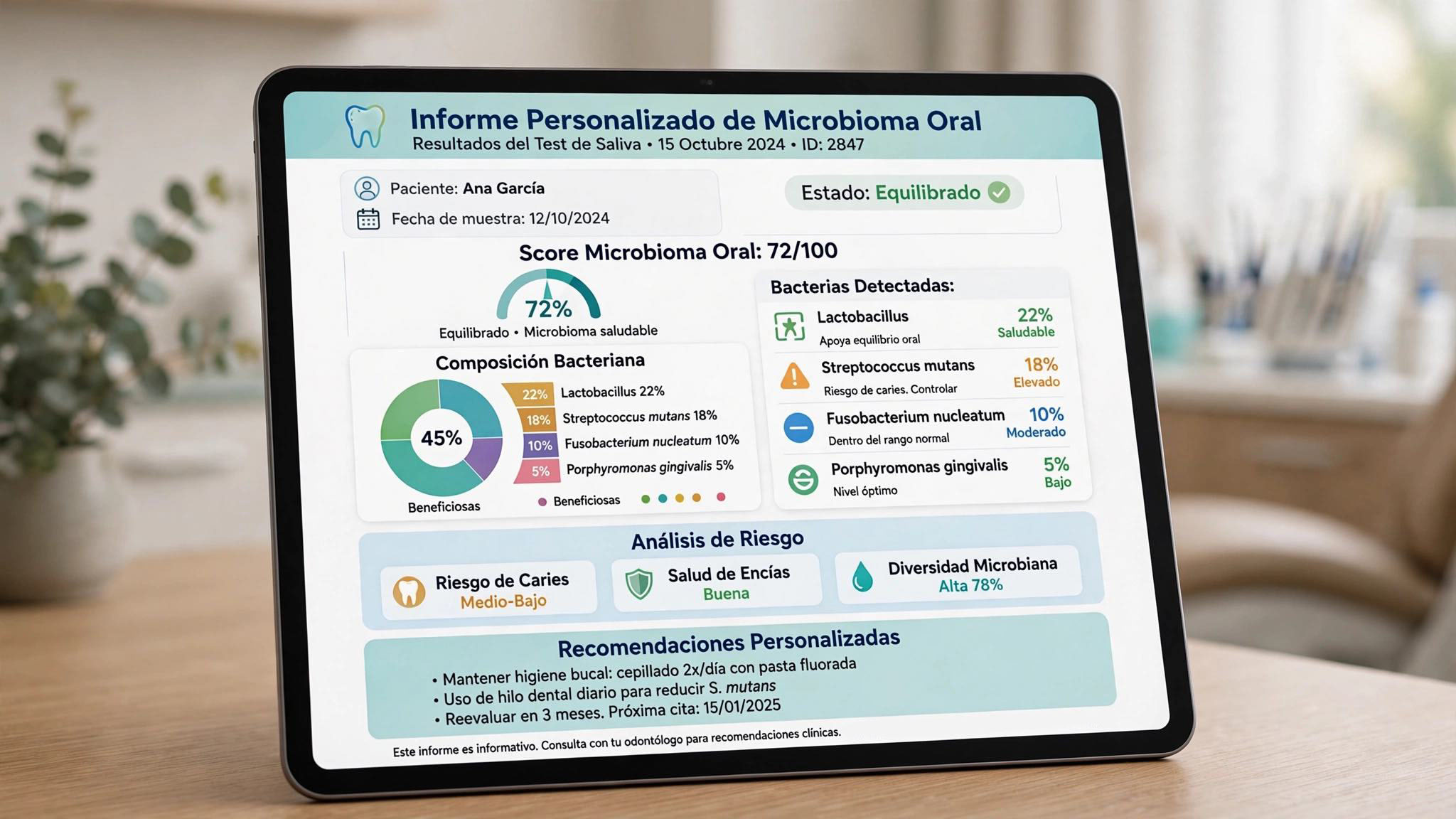 Informe personalizado de test de microbioma oral con resultados de bacterias