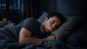mouth-taping-peligros-dormir-boca-tapada Hombre durmiendo con cinta mouth taping en la boca para no roncar
