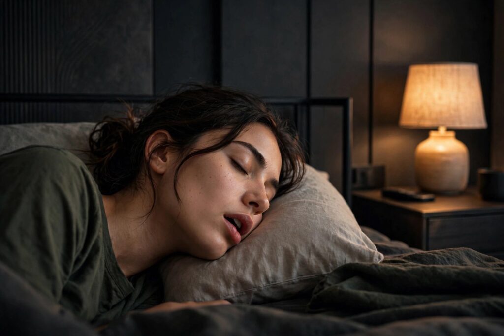 Persona durmiendo con la boca abierta, síntoma de respiración bucal y ronquidos