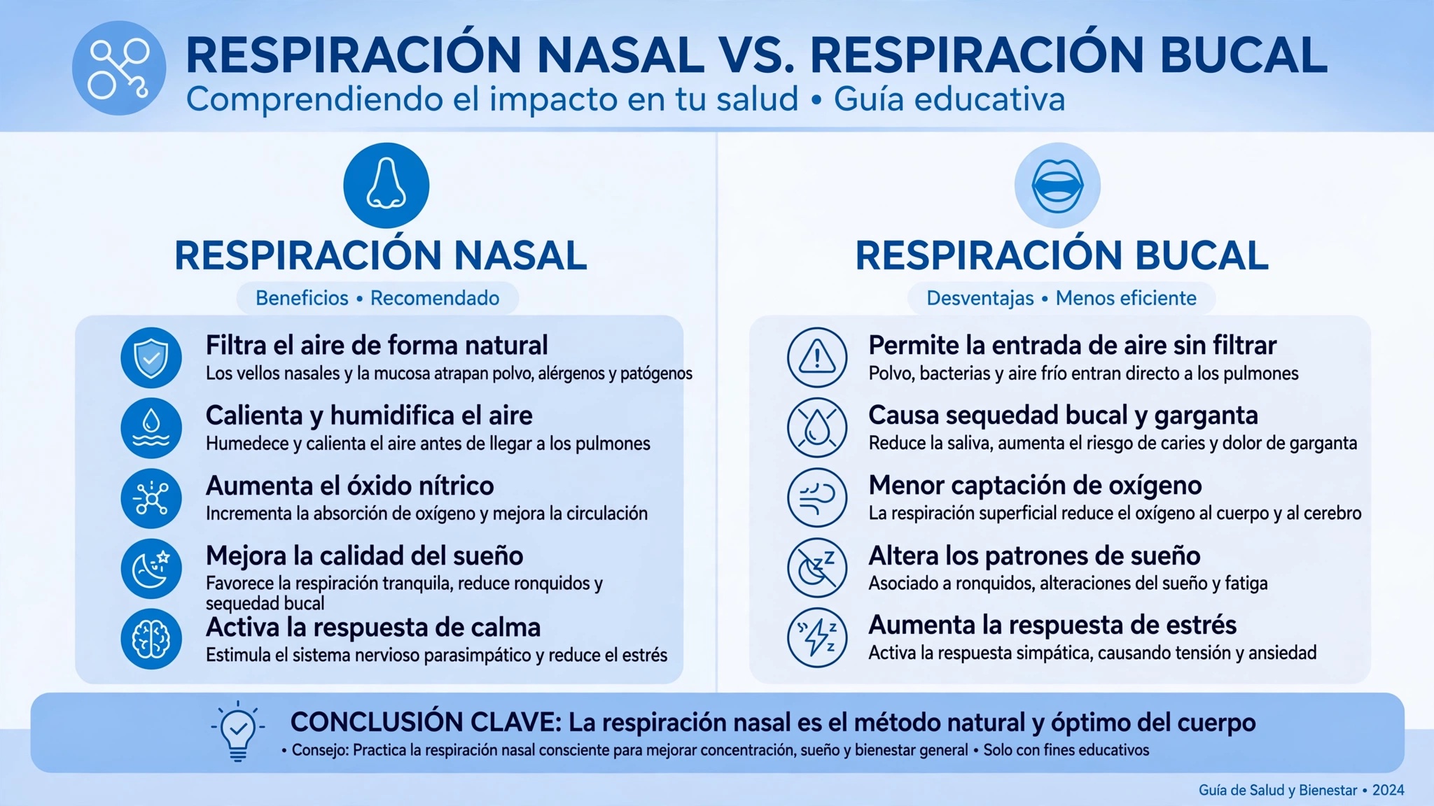 Infografía comparativa respiración nasal vs respiración bucal y sus efectos