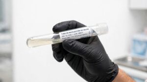 test-microbioma-oral-saliva-prevencion Tubo de ensayo con test de saliva para análisis de microbioma oral