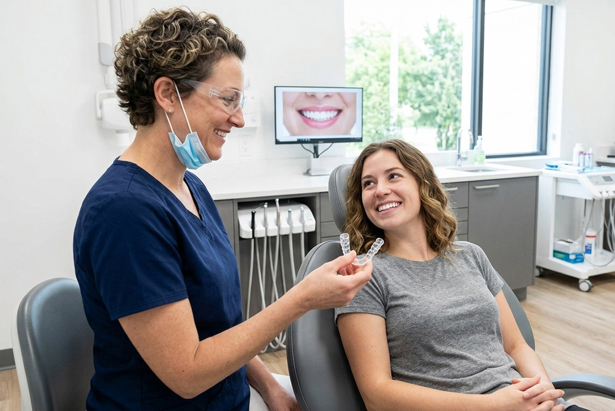 Dentista mostrando unas férulas de blanqueamiento dental a un paciente.