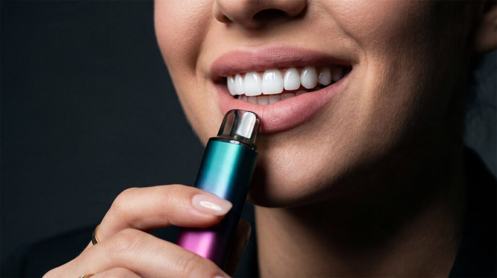 Sonrisa con carillas sosteniendo un vaper desechable de color, riesgo para estética dental